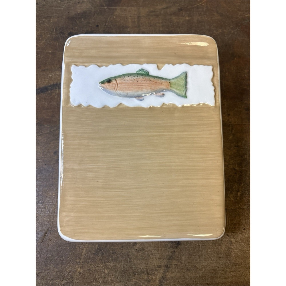 Fishing Desk Pen & Pad Holder Organizer Ceramic Trout Fish Rustic Lodge Decor